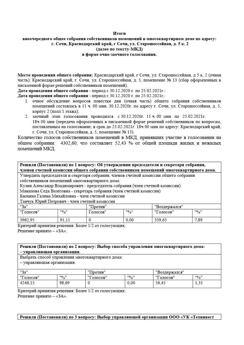 Итоги проведении общих собраний - ул. Старошоссейная, д. 5, к. 2