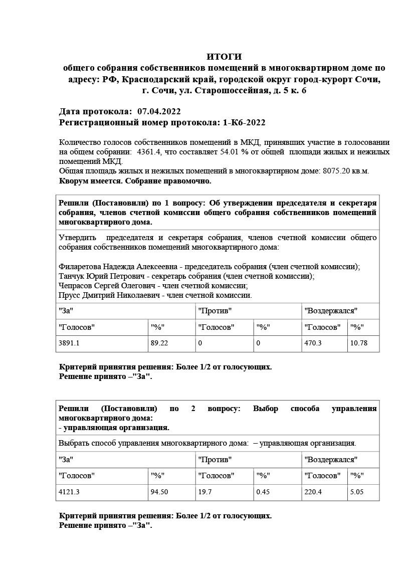 Итоги проведении общих собраний - ул. Старошоссейная, д. 5, к. 6