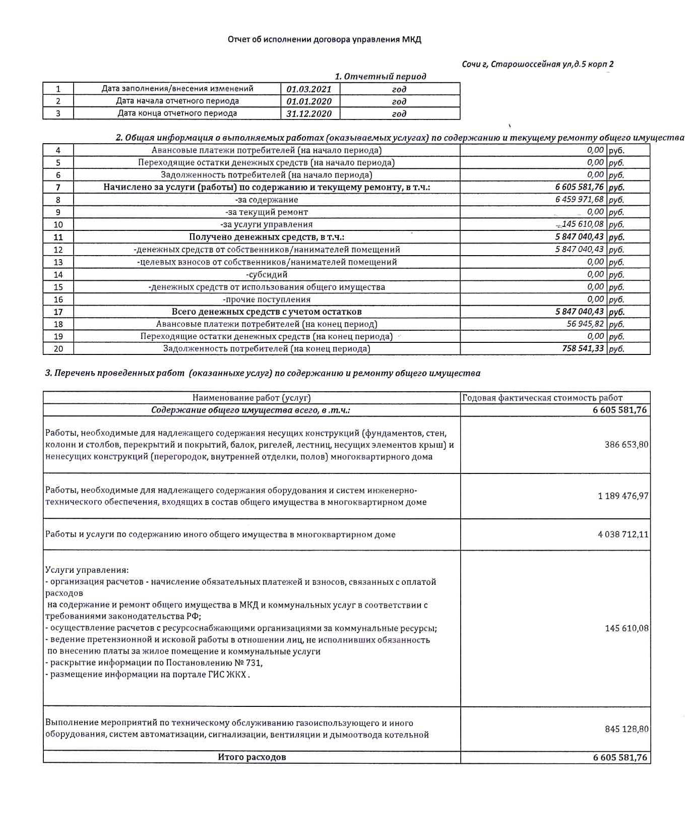 Отчёт об исполнении договора управления МКД д. 5, корп. 2